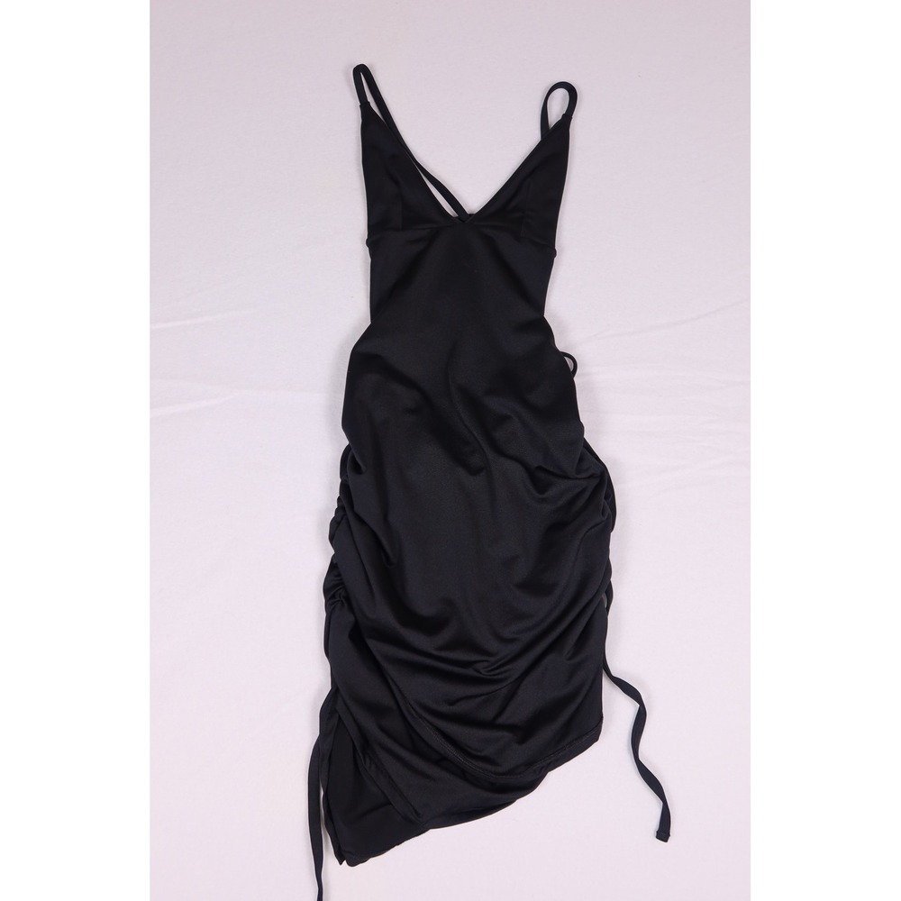 Black Lace Up Back Ruched Bodycon Mini Dress V-Neck Asymmetrical Clubwear